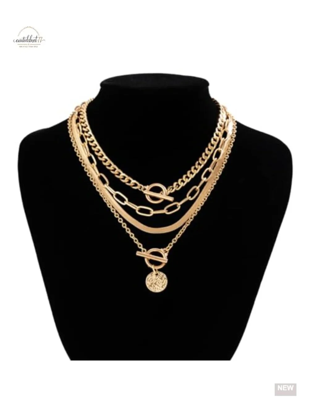 Gold Layered Stack Necklace Set, Cuban Coin Medallion Pendant Choker